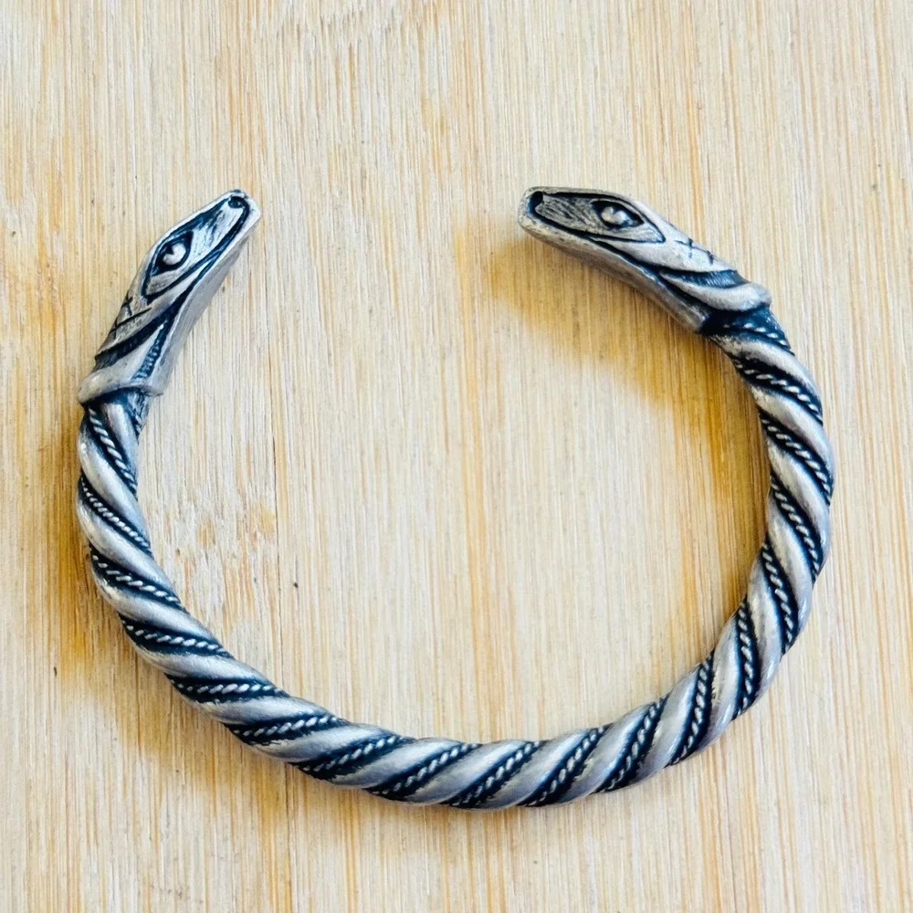 Viking Style Snake Bracelet VTG Cable Cuff Oxidized‎ Silver Plated Statement